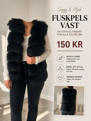 Svart fuskpälsväst med fluffig look - Snygg svart fuskpälsväst med mjuk och fluffig känsla. Västen har en tidlös design med breda pälssektioner och är öppen framtill. Perfekt för att ge din outfit en lyxig touch. Passar till många olika stilar och är enkel att matcha.