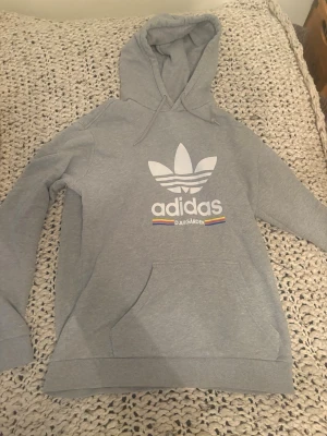 Djurgårds hoodie - Snygg grå hoodie från Adidas med stor vit logga och texten 'Djurgården' på bröstet. Klassisk känguruficka framtill och dragsko i huvan. Tillverkad i mjuk bomullsblandning för skön känsla. Perfekt för dig som gillar sportig och avslappnad stil.