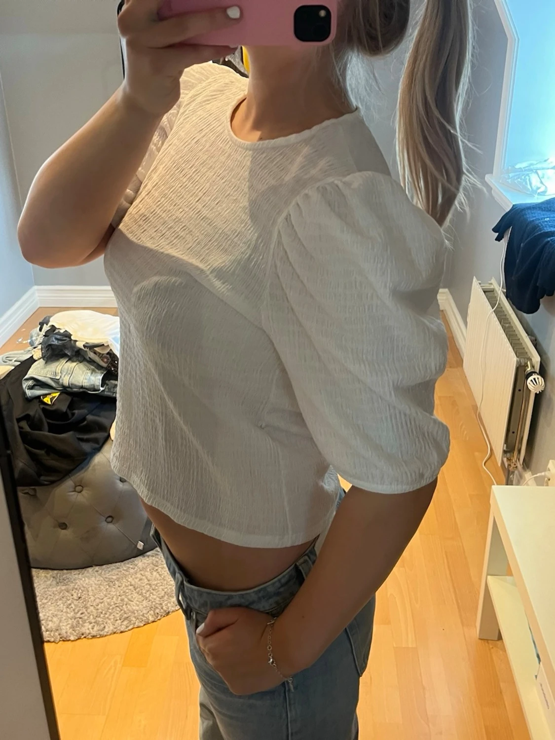 Vit puffärmad croppad blus - 2