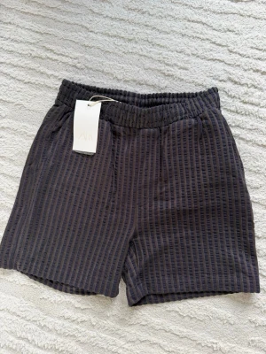 Randiga shorts från Zara med snörning - Mörkgrå shorts från Zara med vertikala ränder och bekväm resårmidja. Shortsen har snörning i midjan och är gjorda i ett mjukt, strukturerat bomullstyg. Perfekta för en avslappnad och trendig look. Nypris 379kr