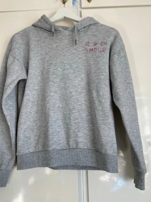 Grå hoodie med tryck och huva - Säljer en grå hoodie med huva och dragsnören🖤🩷