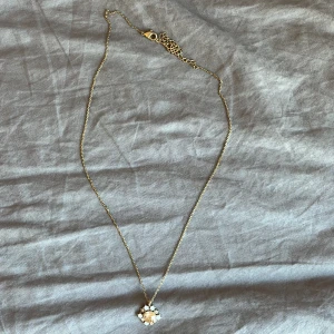 Guldfärgat halsband med blomformad hängsmycke - Säljer ett fint guldfärgat halsband med ett blomformat hängsmycke dekorerat med vita och ljusa stenar. Kedjan är tunn och elegant, perfekt för att ge en extra touch till din outfit. Hängsmycket har en vintagekänsla och gnistrar snyggt i ljuset.