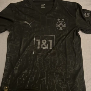 Svart Borussia Dortmund fotbollströja från Puma - Säljer en svart Borussia Dortmund fotbollströja från Puma med diskret mönster och klubbmärke på bröstet. Tröjan har korta ärmar och sponsorlogga 1&1 på framsidan. Perfekt för dig som älskar BVB!