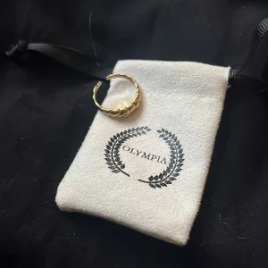 Guldfärgad ring från Olympia - Säljer en snygg guldfärgad ring från Olympia med ett unikt, vågigt mönster. Färgen har gått bort lite där bak, se tredje bilden!! Ringen har en chunky design som verkligen sticker ut och passar perfekt som statement-accessoar. 