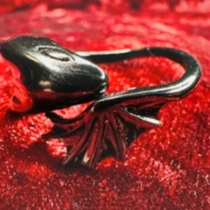 Charmig svart drakring - Justerbar storlek - Ny & oanvänd - Kawaii Fairycore Fantasy Cosplay -  Detaljerad och justerbar ring i svartfärgad metall, formad som ett dramatiskt drakhuvud med skulpterade vingar som följer fingret. Perfekt för dig som gillar goth, fantasy, alternativ stil eller cosplay. Ett smycke som sticker ut både till vardags och vid speciella tillfällen. Justerbar storlek – innerdiameter ca 2 cm i neutralt läge, höjd ca 1,5 cm. Ny och oanvänd. Priset är redan lågt, så jag prutar inte – men erbjuder rabatt vid köp av flera saker. Rensar hemma – kika på mina andra annonser!