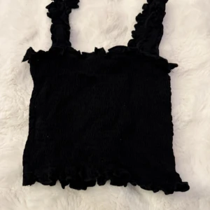 Svart smockad linnetopp med volang - Supersöt svart linnetopp med smockat tyg och volangdetaljer vid axelband och nederkant. Perfekt att styla till jeans eller kjol för en trendig look. Toppens stretchiga material gör den bekväm och lätt att bära.