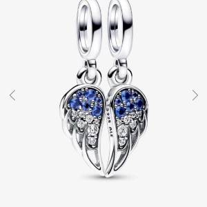 Pandora örhängen med blå stenar - Säljer ett par snygga Pandora örhängen i form av delade hjärtan med vinge-design. Framsidan är dekorerad med blå och klara stenar, baksidan har texten 'I'll always be there'. Gjorda i äkta silver (S925 ALE). Perfekt som vänskapssmycke! Orginal pris  800,- sek