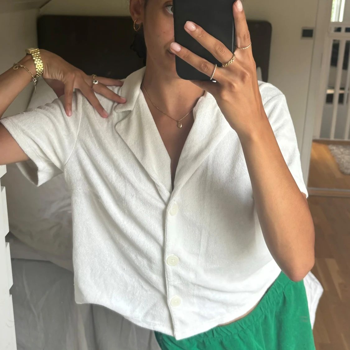 Vit kortärmad skjorta i frotté - 1