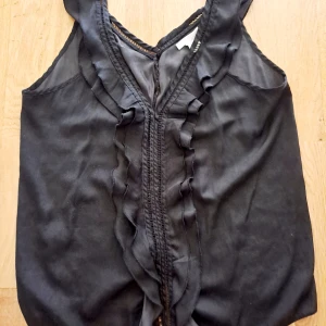 Svart volanglinne med v-ringning - Snygg svart linnetopp med v-ringning och volangdetaljer längs halsringningen och framtill. Tunt, lätt material som känns luftigt och skönt. Perfekt för dig som gillar en stilren men ändå lekfull look. Stl S och snygg på 👌
