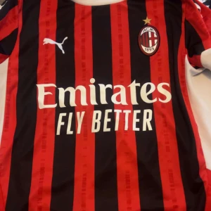 Röd och svart randig AC Milan fotbollströja från Puma - Säljer en snygg AC Milan fotbollströja från Puma i röd och svart randigt mönster. Tröjan har korta ärmar och klubbens emblem på bröstet. Perfekt för alla fotbollsfans som vill visa sitt stöd för laget!