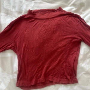 Röd ribbad polotröja från Saints and Mortals - Säljer en röd ribbad polotröja från Saints and Mortals i storlek small. Tröjan har långa ärmar och en hög krage, perfekt för lager-på-lager. Materialet är mjukt och stretchigt för en bekväm passform.