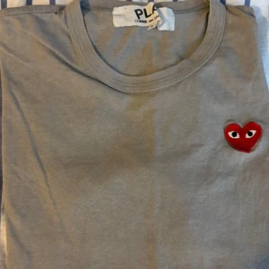 Grå t-shirt från Comme des Garçons Play - Grå t-shirt från Comme des Garçons Play med det ikoniska röda hjärtat med ögon broderat på bröstet. Klassisk rund halsringning och enkel design som passar till allt. Är en L men sitter som en M