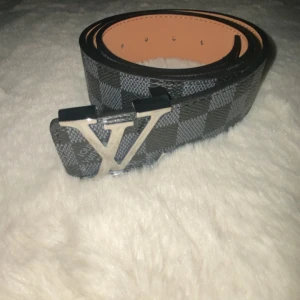 Louis Vuitton rutigt skärp med LV-spänne - Snyggt skärp från Louis Vuitton med klassiskt rutigt mönster i svart och grått. Bältet har ett stort LV-spänne i silverfärg och är gjort i skinn. Perfekt accessoar för att lyfta din outfit med en lyxig touch.