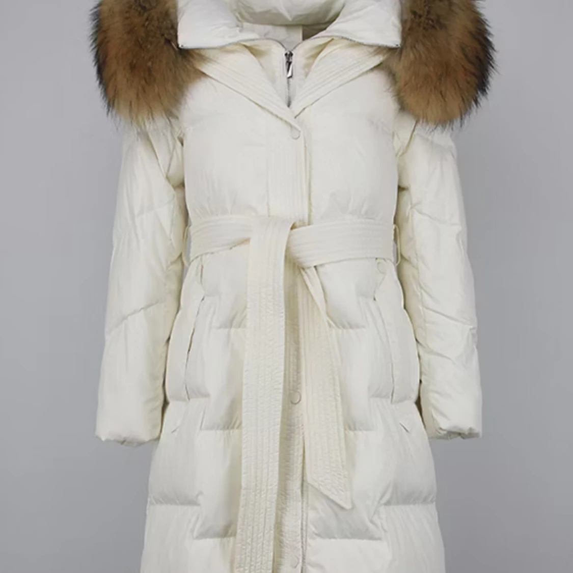 Vit lång dunjacka med pälskrage XS/S - 3