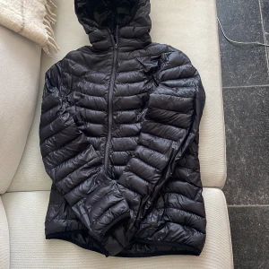Svart dunjacka från Everest med huva - Säljer en svart dunjacka från Everest med huva och dragkedja framtill. Jackan är quiltad och har en clean, sportig look som passar perfekt när det är kallt ute. Lätt och smidig att bära, med en snygg glansig finish och diskret logga på bröstet. Fungerar för både xs/s