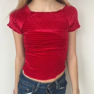 Röd topp från Kappahl - Säljer en snygg röd topp från Kappahl med korta ärmar och ett ribbat mönster. Toppen har en tight passform och är väldigt bekväm. 