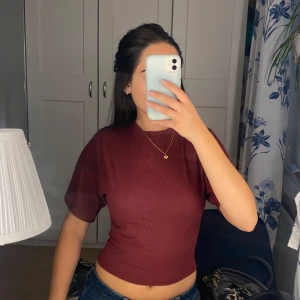 Vinröd croppad topp från 157 - Säljer en vinröd croppad topp från 157 i storlek XS. Toppen har rund hals, korta ärmar och sitter tight över midjan. Perfekt att matcha med jeans eller kjol för en chill look. Materialet är mjukt och stretchigt, troligen bomull eller polyester.