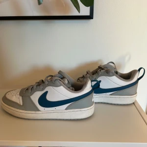Nike Dunk Low vit/grå/blå - Nike Low sneakers i vit och grått med blå swoosh. Klassisk låg modell med snörning och platt sula. Ovandel i skinn och syntet, insida i textil. Perfekt för dig som gillar streetstyle och sportig vibe.