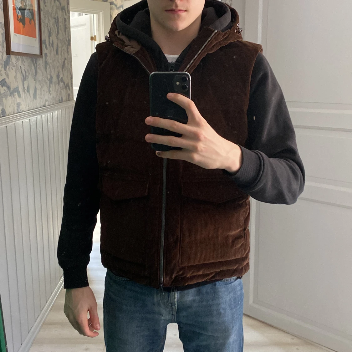 Brun manchester dunväst med huva - 2