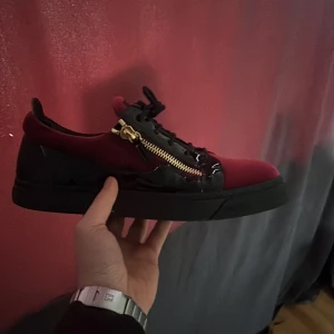 Giuseppe Zanotti Skor - Snygga sneakers från Giuseppe Zanotti i svart och vinrött. Köpta för ett tag sen men inte kommit till användning. Allt original finns till Storlek 44. Finns liten defekt på vänster sko men syns inte.