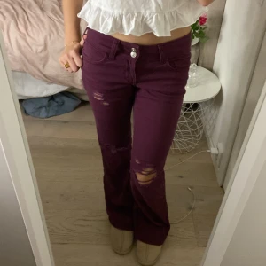 Lila/vinröda jeans med slitningar - Snygga vinröda jeans med slitningar på låren och knäna. De har en bootcut-stil och är lågmidjade med knappar i midjan. Perfekta för en trendig look!