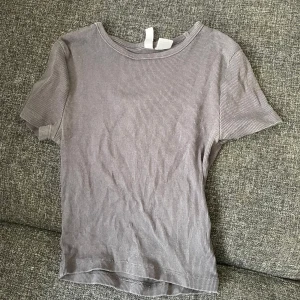 Grå ribbad t-shirt - Säljer en grå ribbad t-shirt med korta ärmar och den är en magtröja.