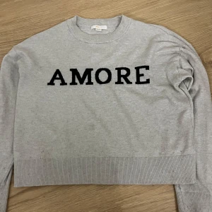 Grå tröja med text - Säljer en grå tröja med svart text 'AMORE' på framsidan. Tröjan har långa ärmar och en ribbad nederkant. Perfekt för en avslappnad stil. En liten fläck se bild 