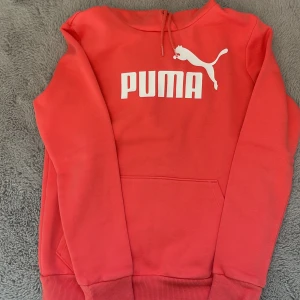 Knall rosa hoodie från Puma - Säljer en snygg knall rosa hoodie från Puma med deras ikoniska logga i vitt på bröstet. Tröjan har en klassisk känguruficka och en bekväm huva med dragsko. Perfekt för en avslappnad stil. 
