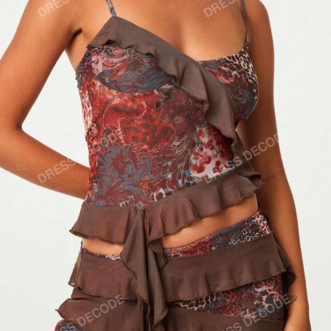 Brun och röd volang set (top och midi kjol)
