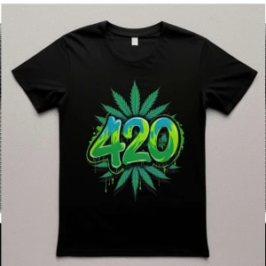 Svart 420 t-shirt med grön print - Svart t-shirt med stort färgglatt 420-tryck i grönt och blått framtill, tillsammans med ett stort cannabisblad i bakgrunden. Klassisk passform och rund hals. Perfekt statement-plagg för dig som gillar streetstyle.