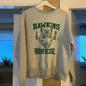 Grå Stranger Things sweatshirt H&M - Grå sweatshirt från H&M x Stranger Things med grönt tryck 'Hawkins High School 1986' och tiger på bröstet. Oversized passform, rund hals och långa ärmar. Perfekt för dig som gillar retrostil och populärkultur.