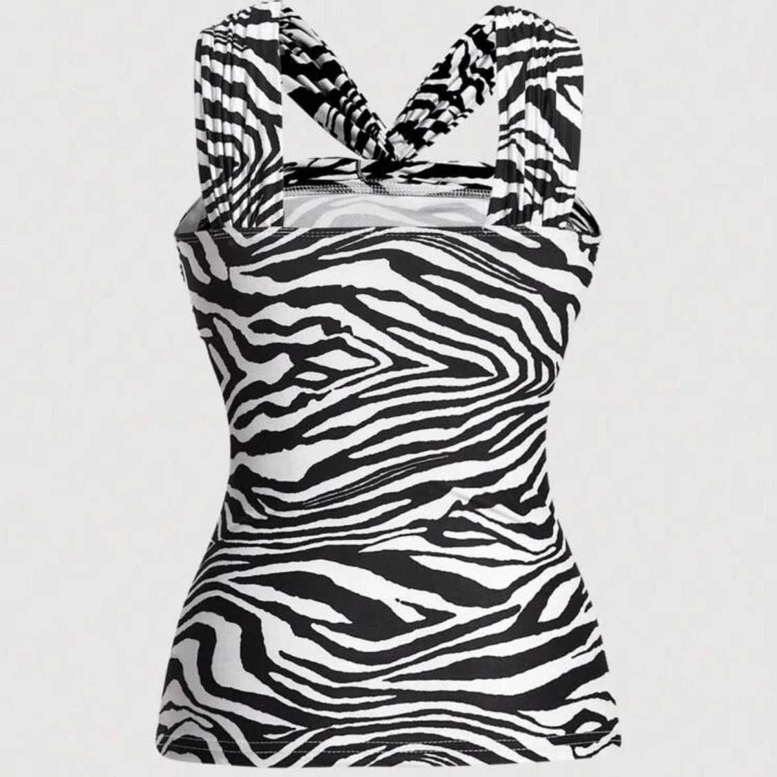 Zebramönstrad linnetopp med twistade axelband - 1