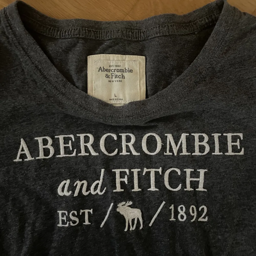 T-shirt från Abercrombie and Fitch i storlek L (obs väldigt liten i storleken och passar mig som har storlek XS/S). Använd ett fåtal gånger 🤍🐚💫☁️✨. T-shirts.