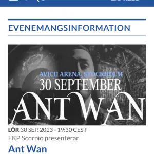Säljer en sittplatsbiljett område A16 till Antwans konsert på Avicii arena 30/9