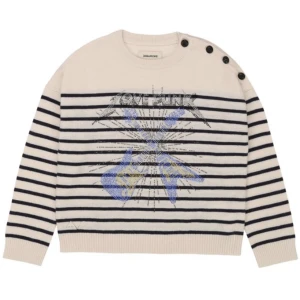 Zadig Voltiare cashmere tröja. Kom priv för fler bilder - Säljer denna skjukt snygga och trendiga casmere tröjan från Zadig då den tyvär har blivit för liten i armarna! Den är köpt 2021 i julklapp, själva tröjan är i bra skick förutom armarna som har blivit lite slitna som man ser på den tredje bilden. Ärm:49cm