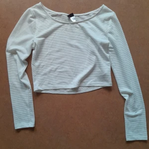 Vit croptop  - En vit, långärmad croppad topp. Materialet är randigt och semi-transparent. Storlek S från H&M Divided, men ganska liten i modellen. Den har en liten maska på ena ärmen, men det syns typ inte. Säg till så skickar jag bild på det. I övrigt gott skick. 