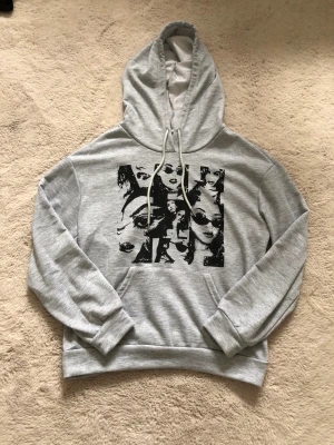Hoodie - Säljer en grå hoodie med tryck, köpte för 169kr. Endast använd 2-3 gånger, praktiskt taget nyskick. Skriv för fler bilder, priset går att diskutera💕💕