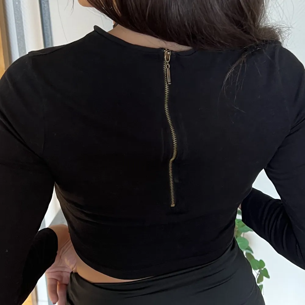 Svart långärmad crop top från BikBok i strl S med dragkedja i ryggen.. Toppar.