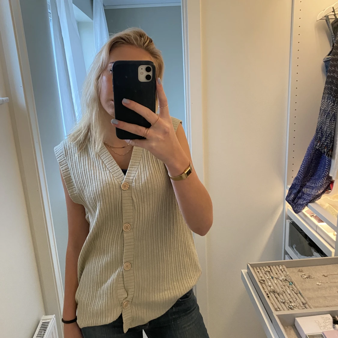 Väst tröja kofta knappar grön beige - 91