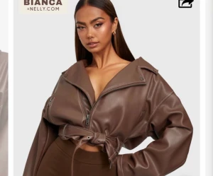 Brun skinnjacka Bianca ingrosso - Bianca ingrossos jacka från Nelly, brun skinnjacka, endast använd två gånger så mycket fint skick! 