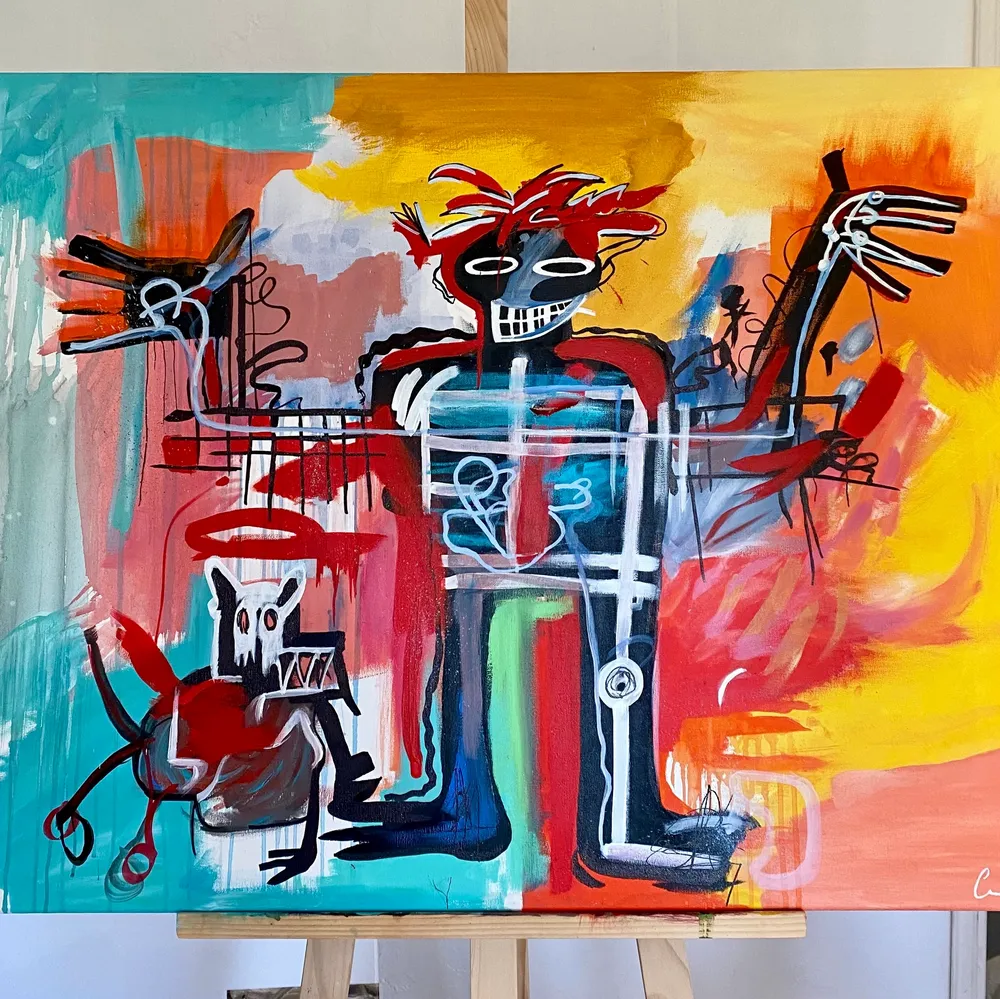 Handmålad tavla målad med akryl, inspirerad av Basquiats - Boy and Dog in a Johnnypump. Tavlan är 65x80cm! Möts endast upp! Budgivning vid intresse🥰. Övrigt.