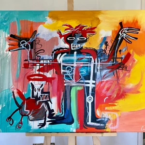 Handmålad Basquiat tavla - Handmålad tavla målad med akryl, inspirerad av Basquiats - Boy and Dog in a Johnnypump. Tavlan är 65x80cm! Möts endast upp! Budgivning vid intresse🥰