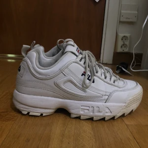 Supercoola Fila Disruptors! - Använda ett antal gånger men är i jättefint skick! Supersköna och snygga, säljer tyvärr eftersom jag har för många sneakers 💔 köpta för ca 1000kr. Nya snygga skosnören följer med på köpet ;-)