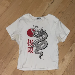 Vit t-Shirt med märke på  - En vit t-shirt, t-shirten ser hyfsad bra ut och är lite sliten vid de röda. Knappt använd 