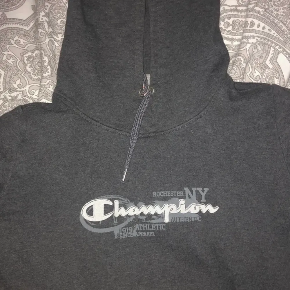 Mörkgrå vintage hoodie från champion som inte säljs i butik längre, väldigt bra skick💖. Hoodies.