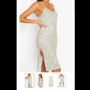 sommarklänning med slits  - Superfin sommarklänning från Boohoo med hög slits, endast testad <3 nypris: 270kr. Färgen är ljusgul med blåa små blommor. Strl 36. Frakt: 66kr spårbart🌸