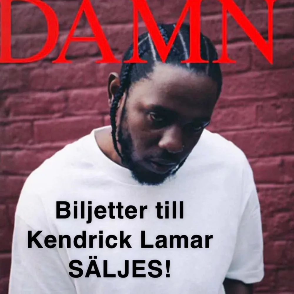 Säljer två stycken biljetter till Kendrick Lamar konserten i Stockholm 17/10. Har två biljetter till sittplatser i sektion A21. Köpte biljetterna för 2340 kr o säljer för 1800 kr<3 (obs ingen leverans kostand men behövde välja nåt för att lägga ut inlägge. Övrigt.