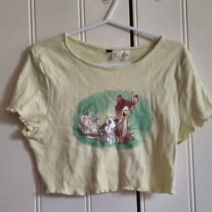 Bambi crop top stl. M - Grön crop top med Bambi motiv från H&M. Storlek M/medium. Endast använd ett par enstaka gånger p.g.a. om man har lite större byst är det lätt att tröjan åker upp och blir för kort.