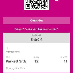 Hej!  Eftersom jag fick tag på biljetter i både Stockholm och Malmö så säljer jag de i Stockholm pga att jag bor nära Malmö. Platserna är på rad 12, plats 11 och 12, med andra ord väldigt bra platser. Hör av dig om du är intresserad så kan jag föra över biljetterna i Stockholm Live appen!