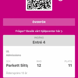 Två biljetter till Ursäkta Live  - Hej!  Eftersom jag fick tag på biljetter i både Stockholm och Malmö så säljer jag de i Stockholm pga att jag bor nära Malmö. Platserna är på rad 12, plats 11 och 12, med andra ord väldigt bra platser. Hör av dig om du är intresserad så kan jag föra över biljetterna i Stockholm Live appen!